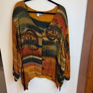 Pegasus African-inspired Cardigan with Artistic Triangle Buttons, Gauze Overlay